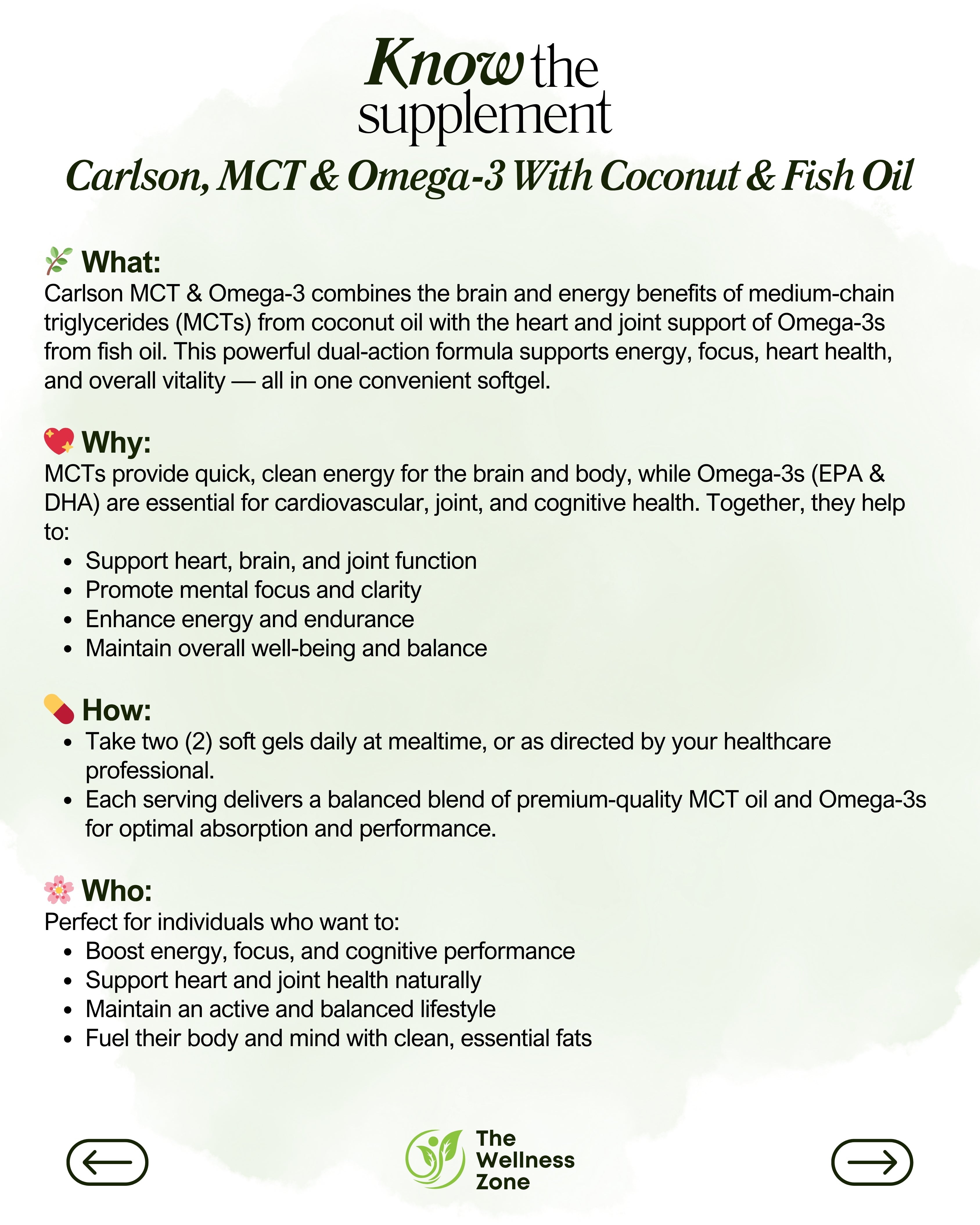 🌿 Carlson, MCT & Omega-3 With Coconut & Fish Oil, 60 Soft Gels