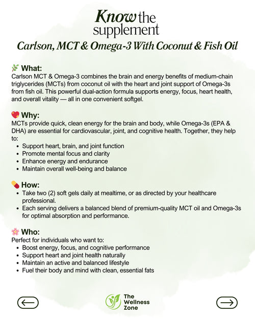 🌿 Carlson, MCT & Omega-3 With Coconut & Fish Oil, 60 Soft Gels