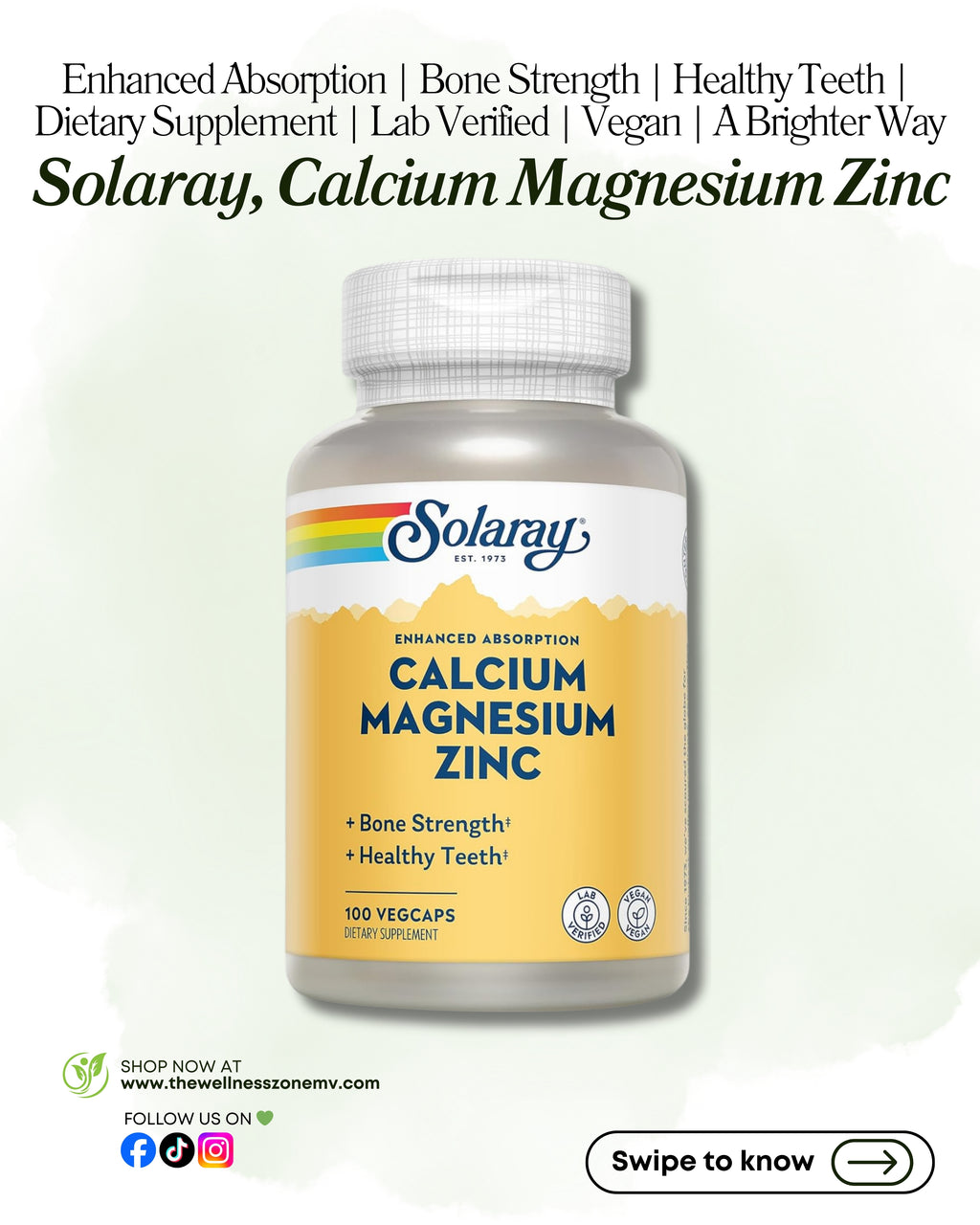 🌿 Solaray, Calcium Magnesium Zinc, 100 VegCaps