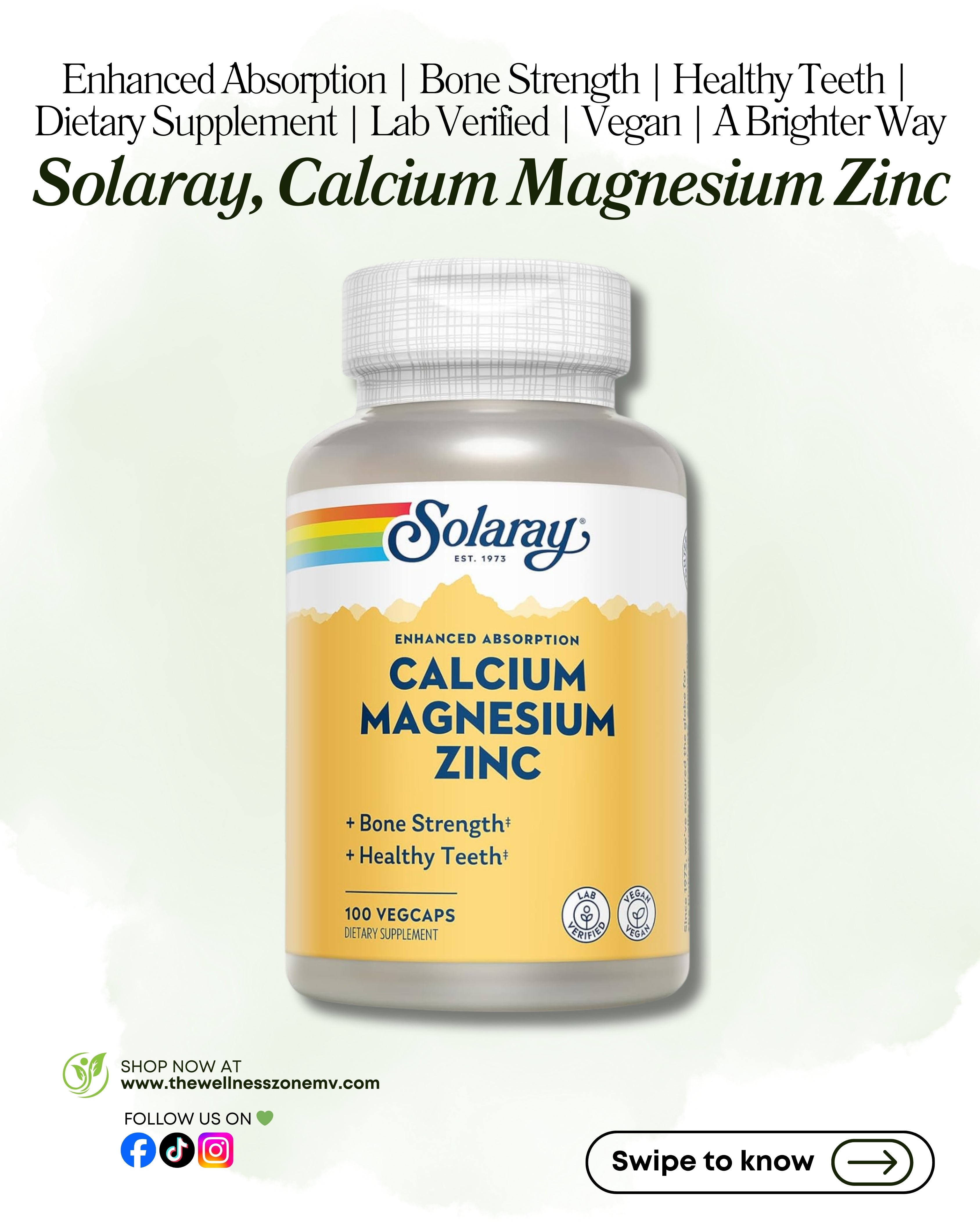 🌿 Solaray, Calcium Magnesium Zinc, 100 VegCaps