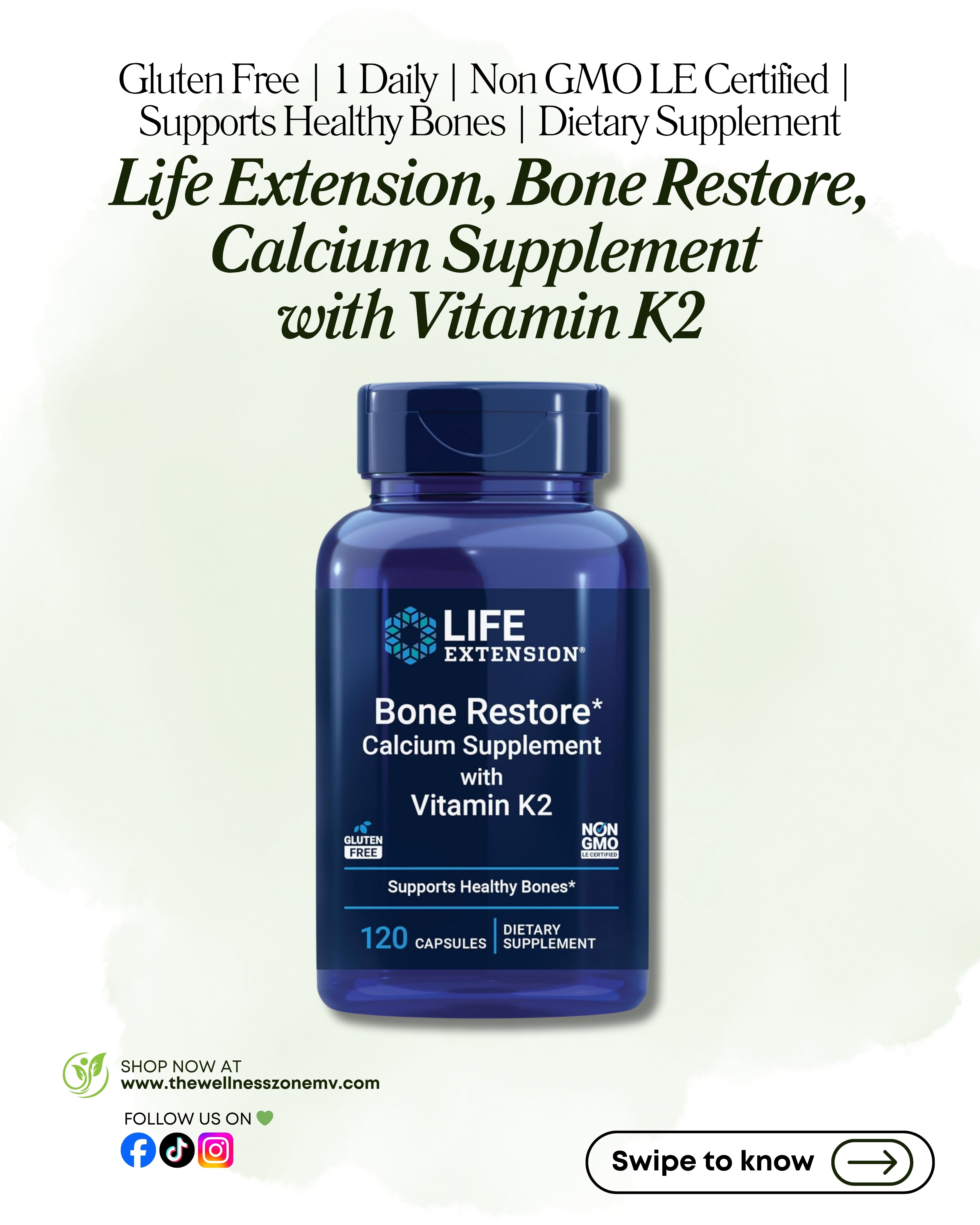 🌿 Life Extension, Bone Restore, Calcium Supplement with Vitamin K2, 120 Capsules