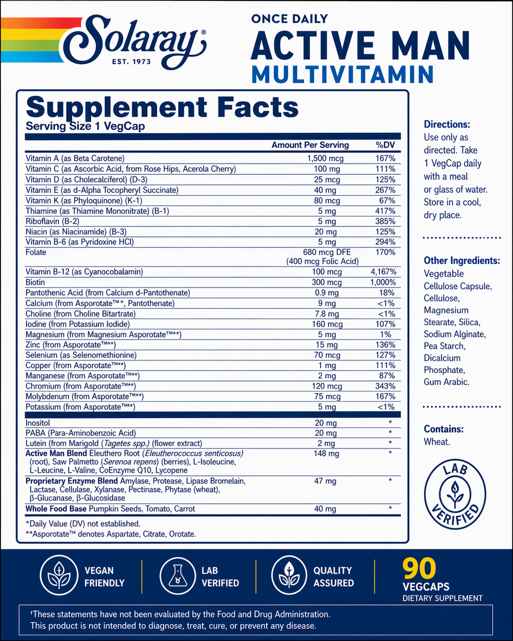 🌿 Solaray, Once Daily Active Man Multivitamin, 90 VegCaps