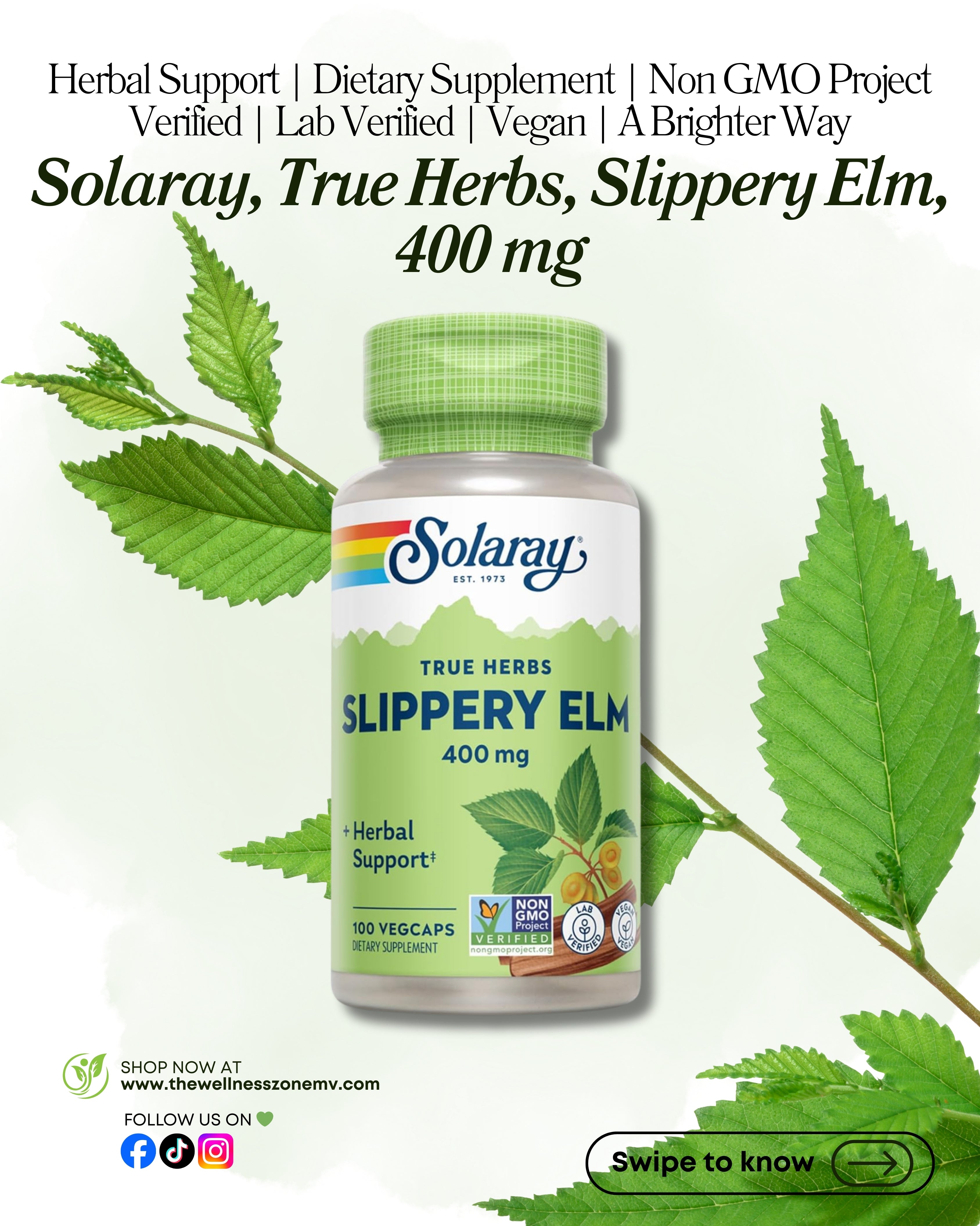 🌿 Solaray, True Herbs, Slippery Elm, 400 mg, 100 VegCaps