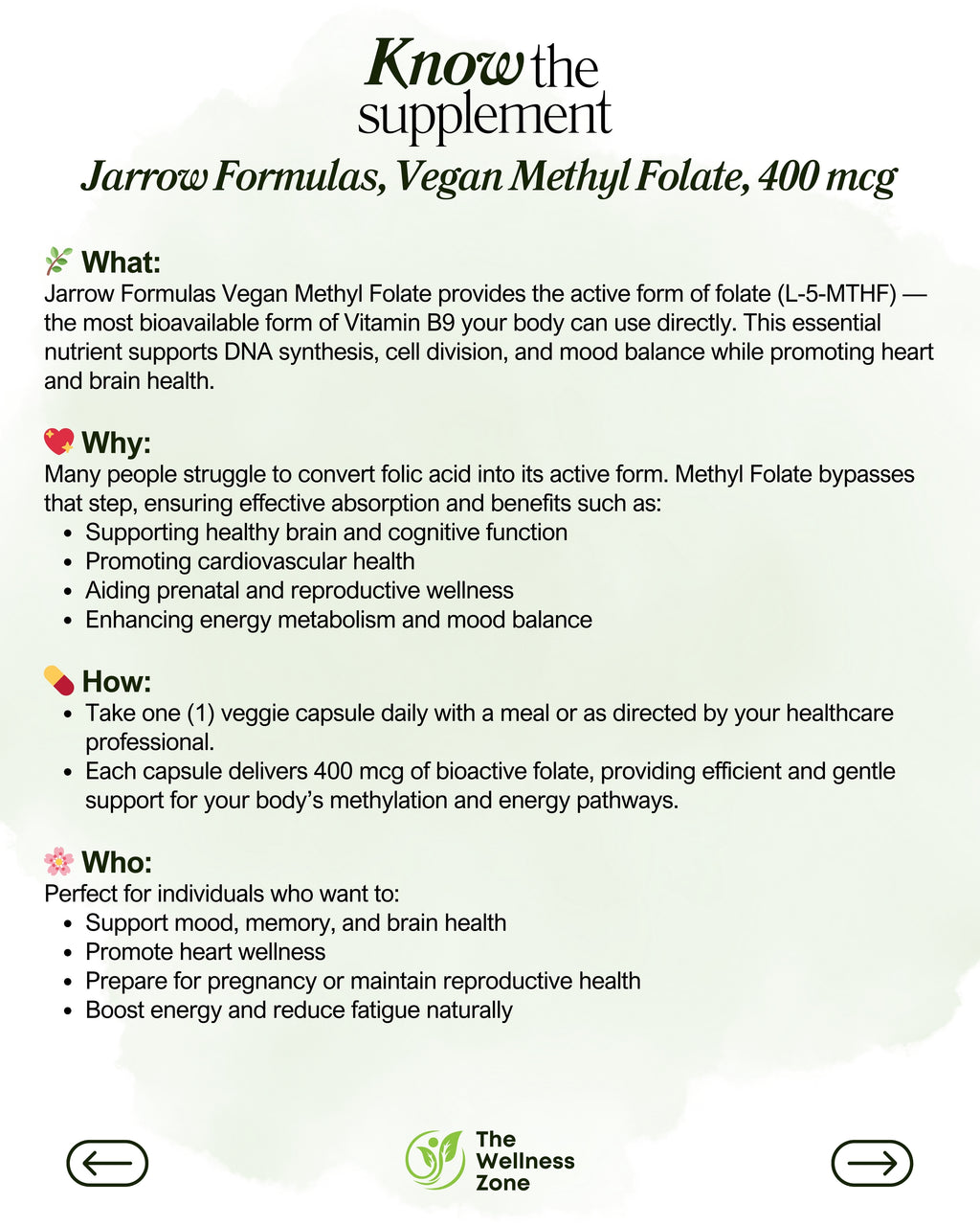 🌿 Jarrow Formulas, Vegan Methyl Folate, 400 mcg, 60 Veggie Capsules