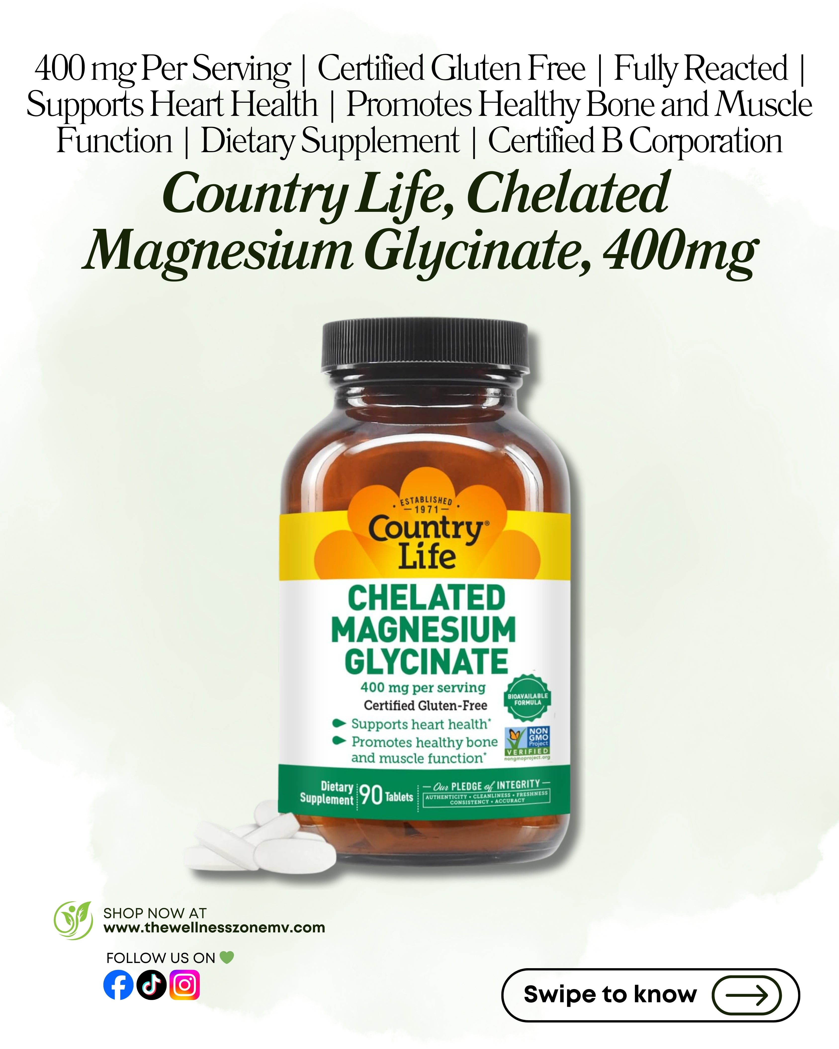 🌿 Country Life, Chelated Magnesium Glycinate, 400 mg, 90 Tablets