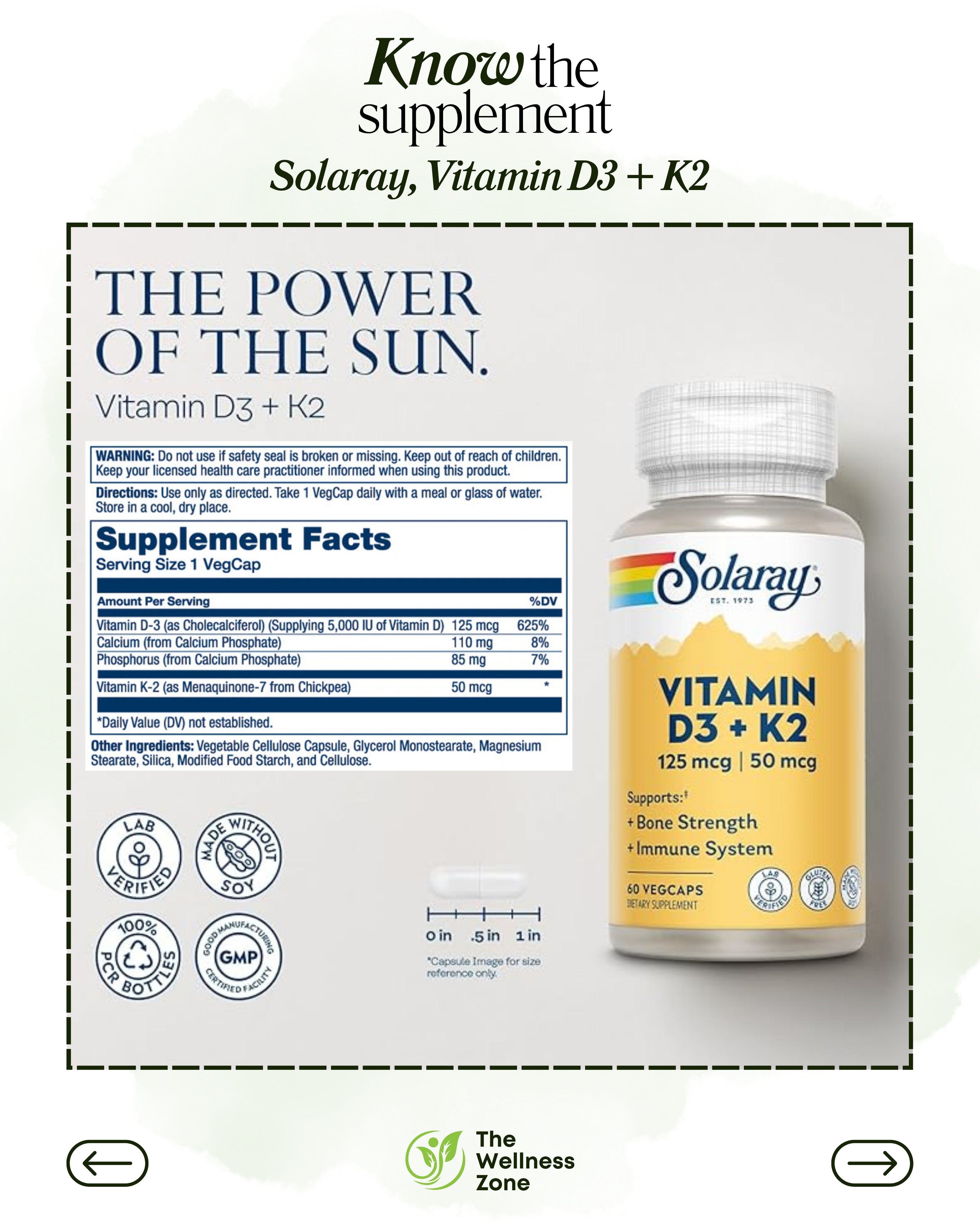 🌿 Solaray, Vitamin D3 + K2, 60 VegCaps