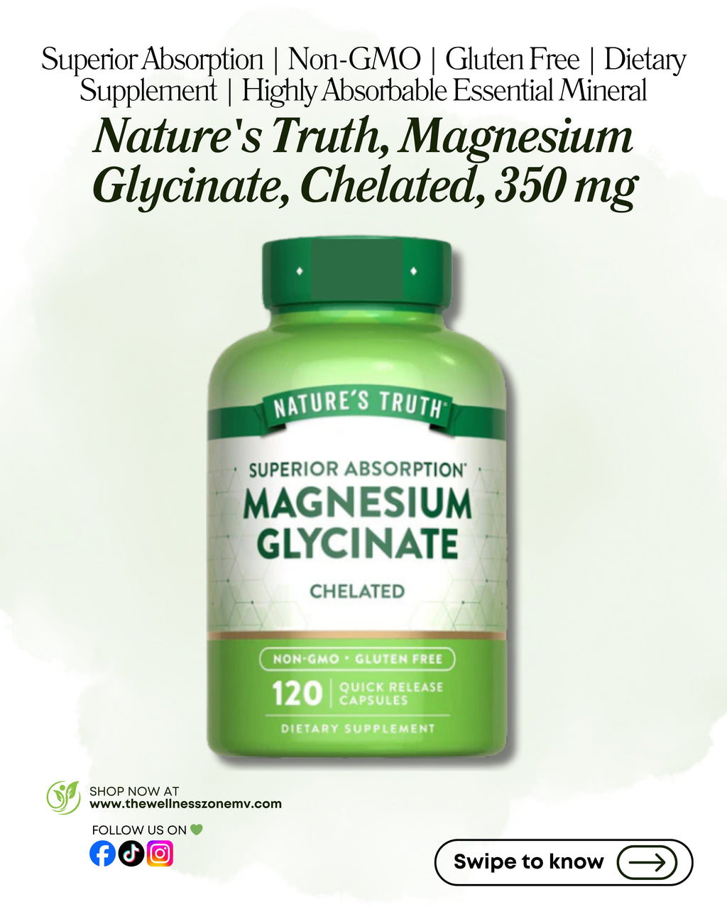 🌿 Nature's Truth, Magnesium Glycinate, Chelated, 120 Quick Release Capsules (100 mg per Capsule)