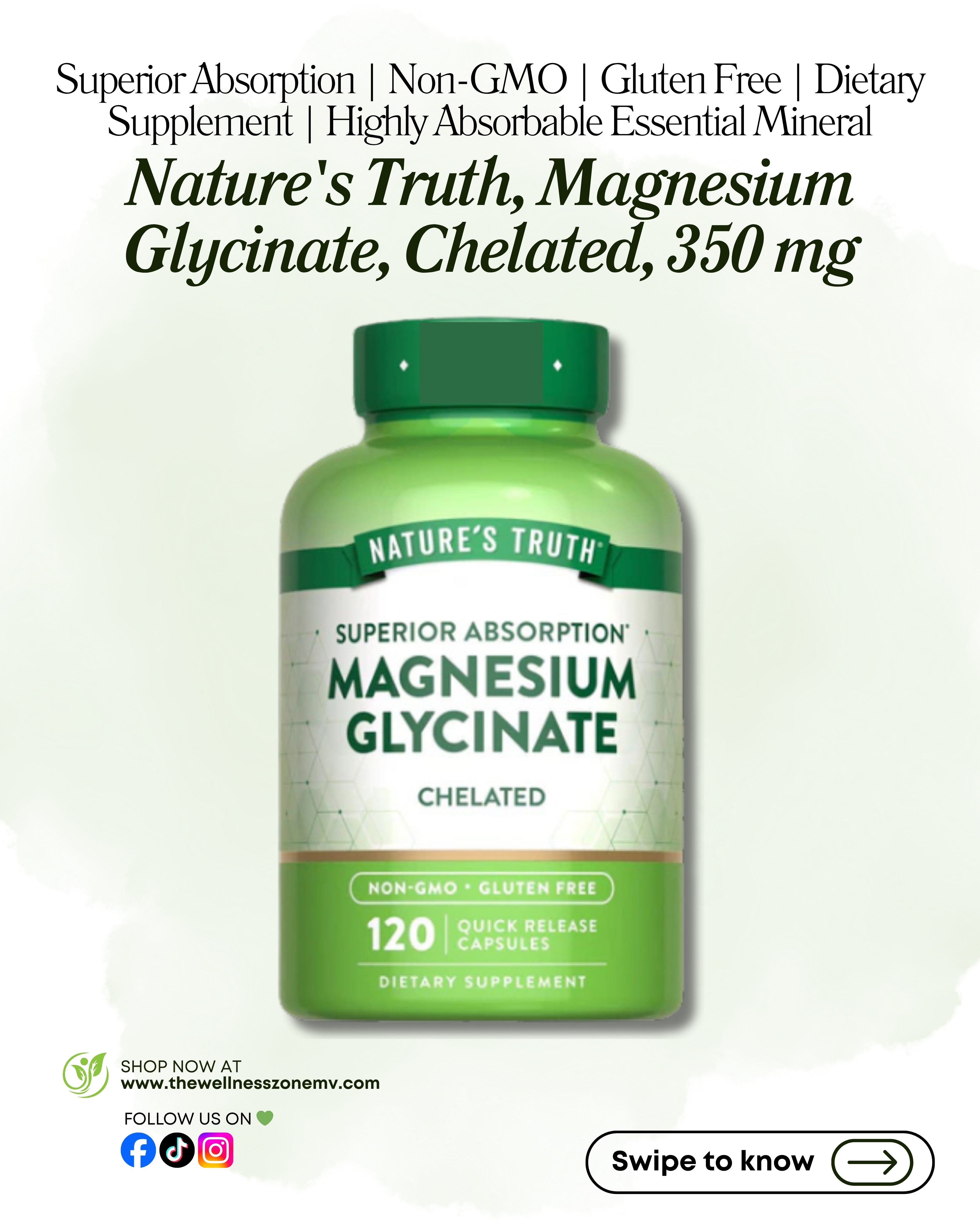 🌿 Nature's Truth, Magnesium Glycinate, Chelated, 120 Quick Release Capsules (100 mg per Capsule)