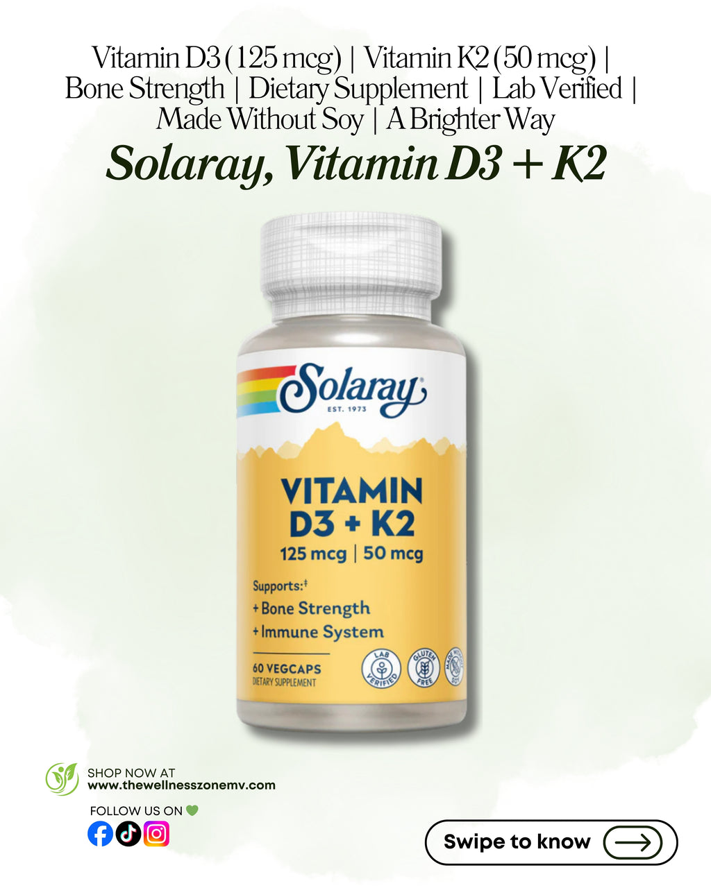 🌿 Solaray, Vitamin D3 + K2, 60 VegCaps