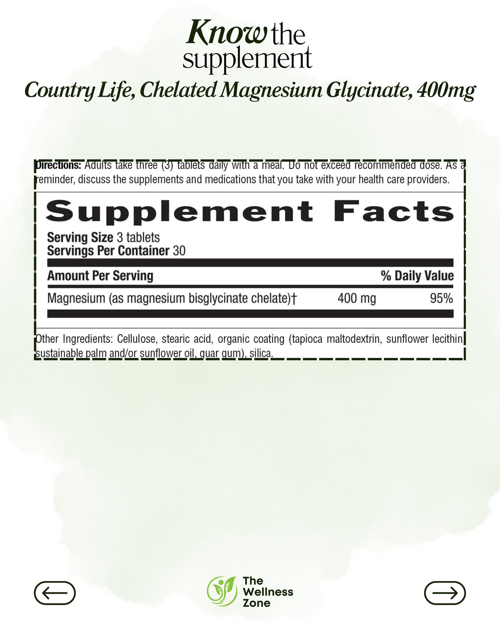 🌿 Country Life, Chelated Magnesium Glycinate, 400 mg, 90 Tablets