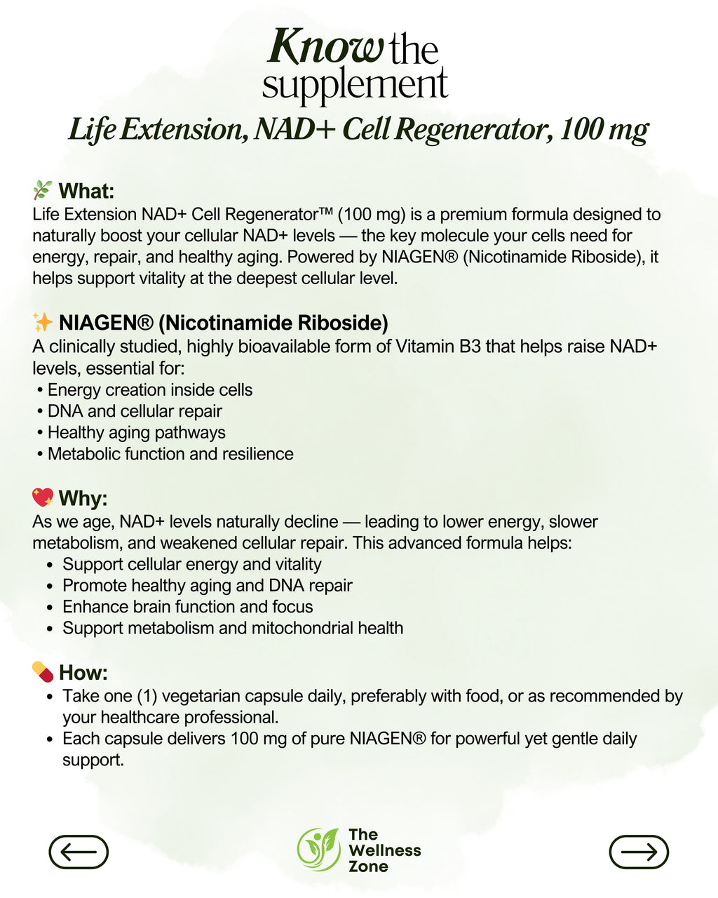 🌿 Life Extension, NAD+ Cell Regenerator, 100 mg, 30 Vegetarian Capsules