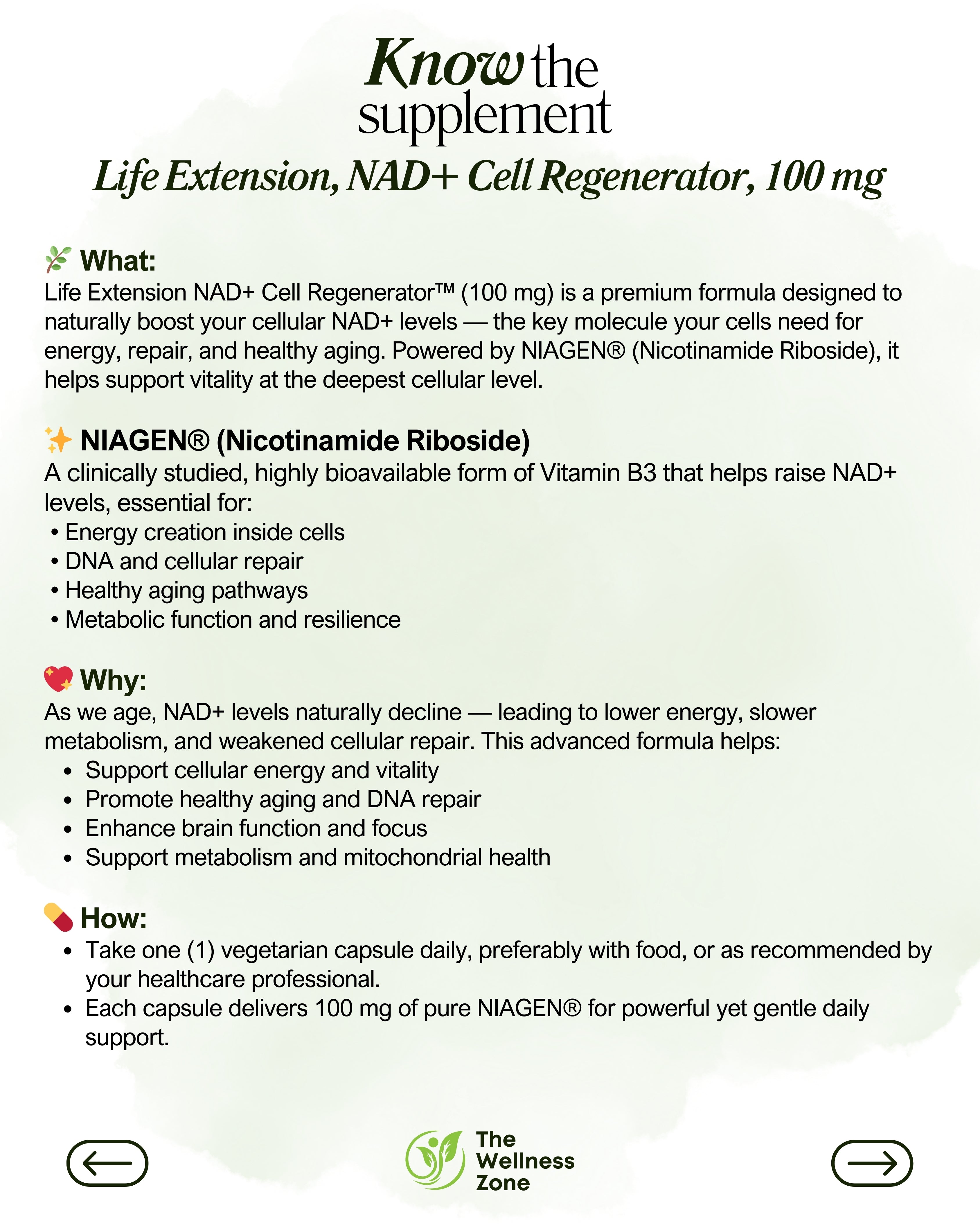 🌿 Life Extension, NAD+ Cell Regenerator, 100 mg, 30 Vegetarian Capsules