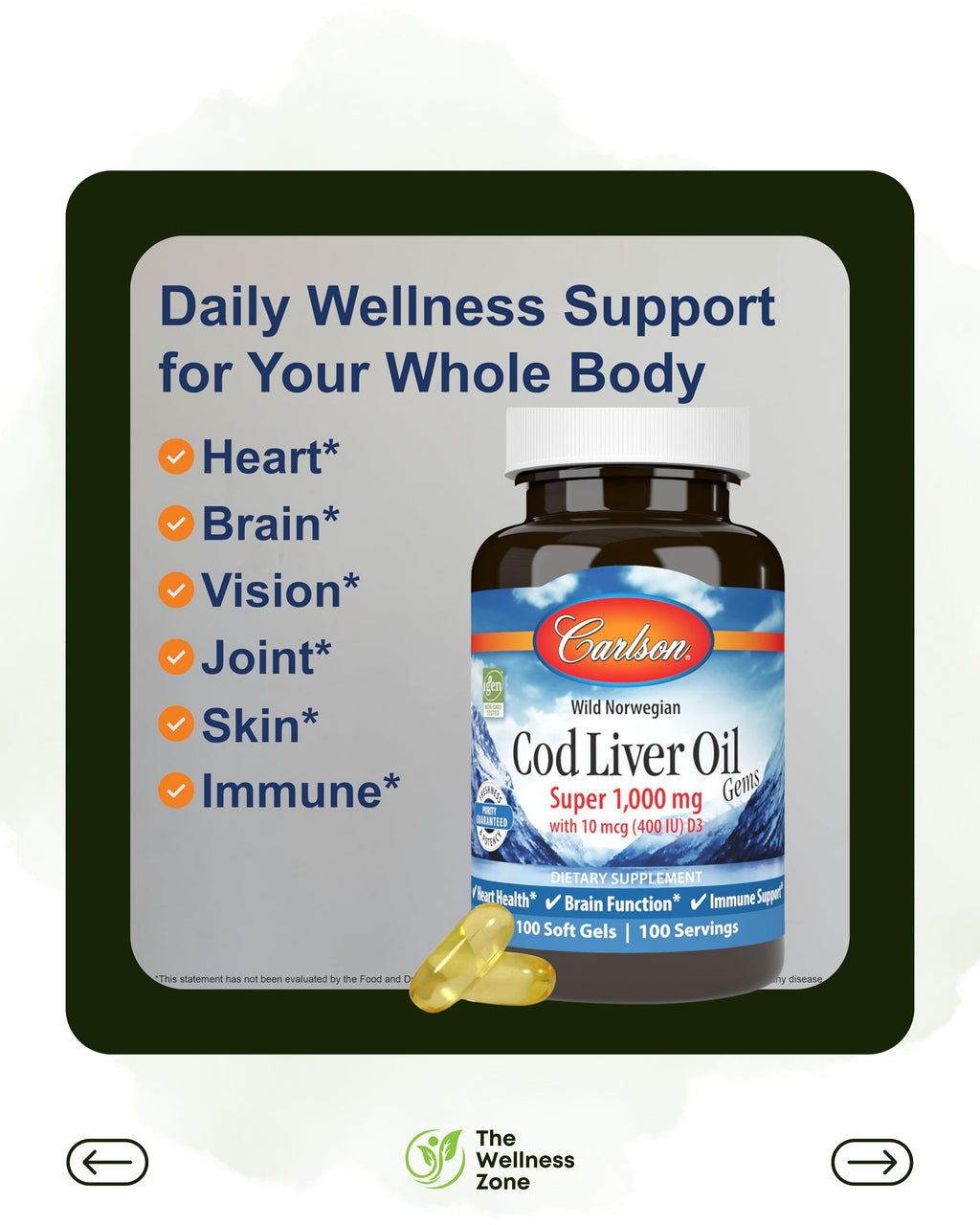 🌿 Carlson, Wild Norwegian, Cod Liver Oil Gems, 1,000 mg, 100 Soft Gels