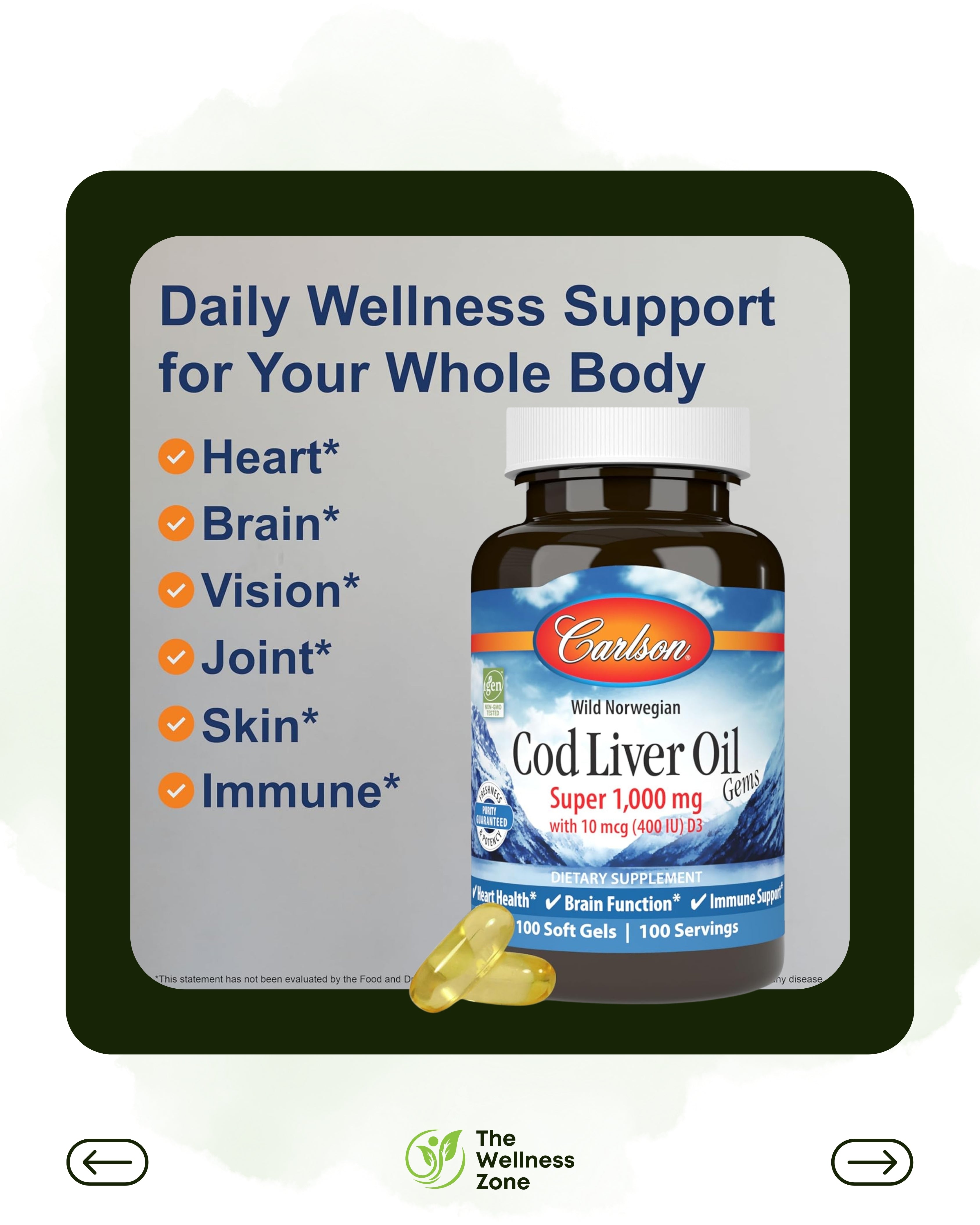 🌿 Carlson, Wild Norwegian, Cod Liver Oil Gems, 1,000 mg, 100 Soft Gels