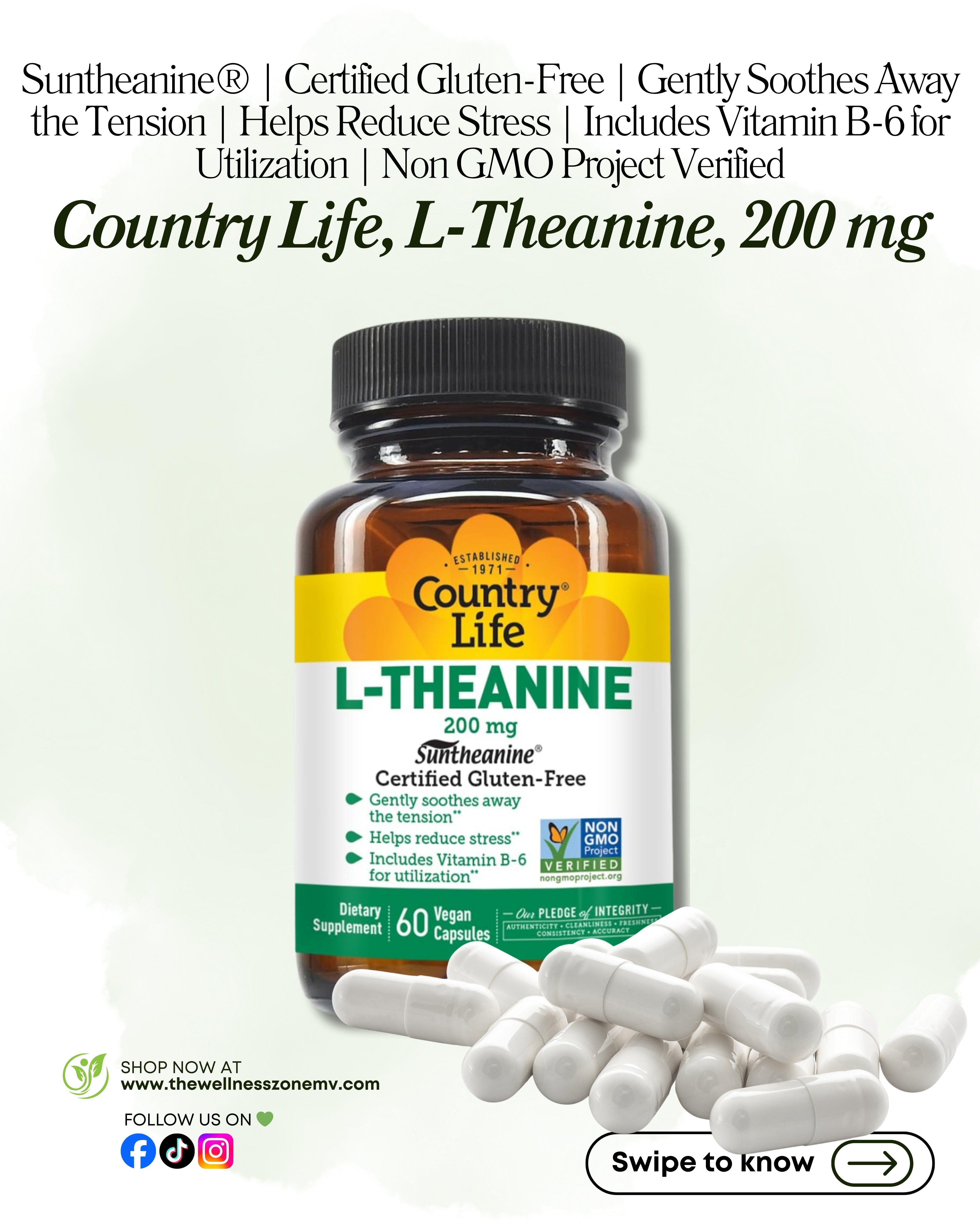 🌿 Country Life, L-Theanine, 200 mg, 60 Vegan Capsules