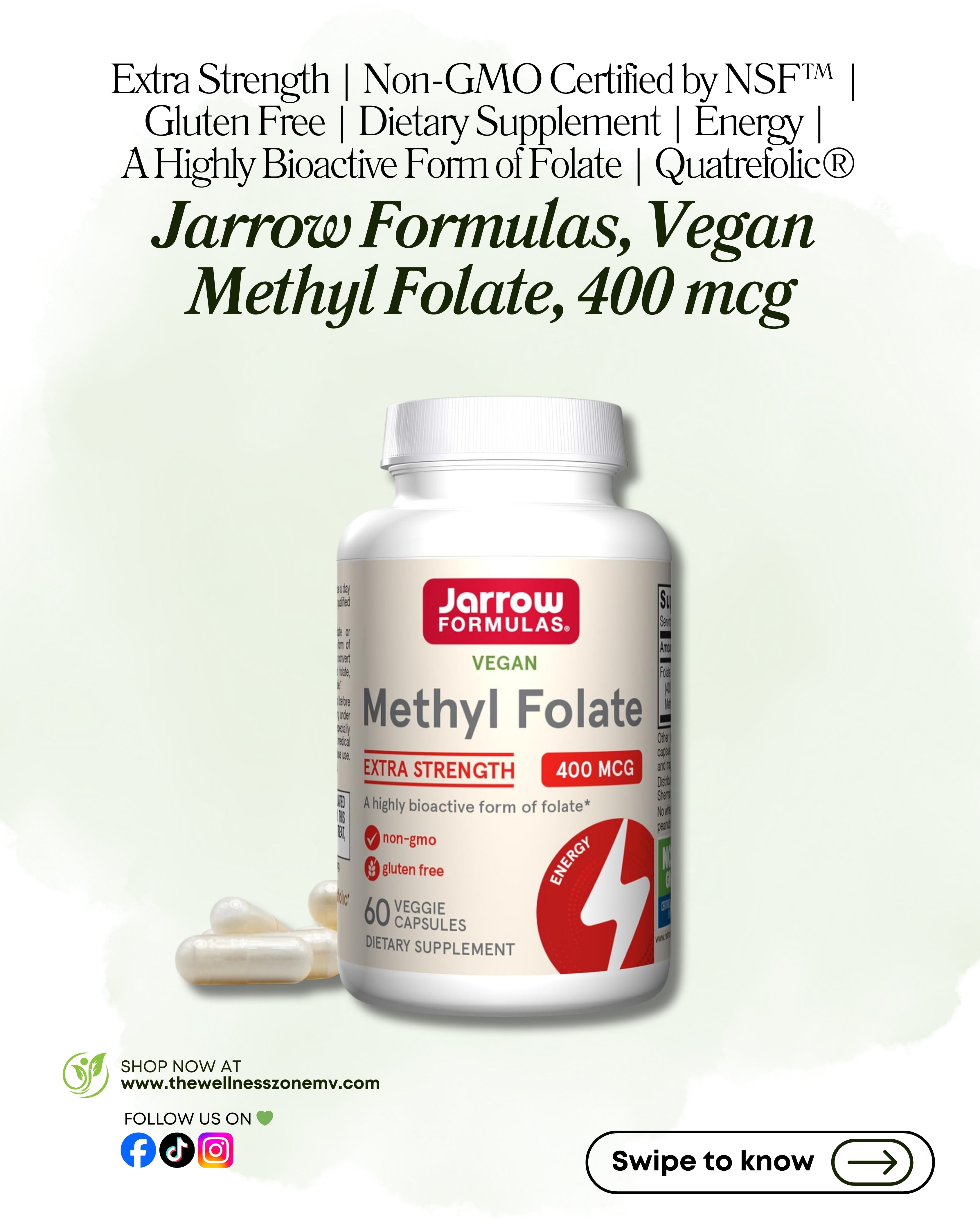 🌿 Jarrow Formulas, Vegan Methyl Folate, 400 mcg, 60 Veggie Capsules