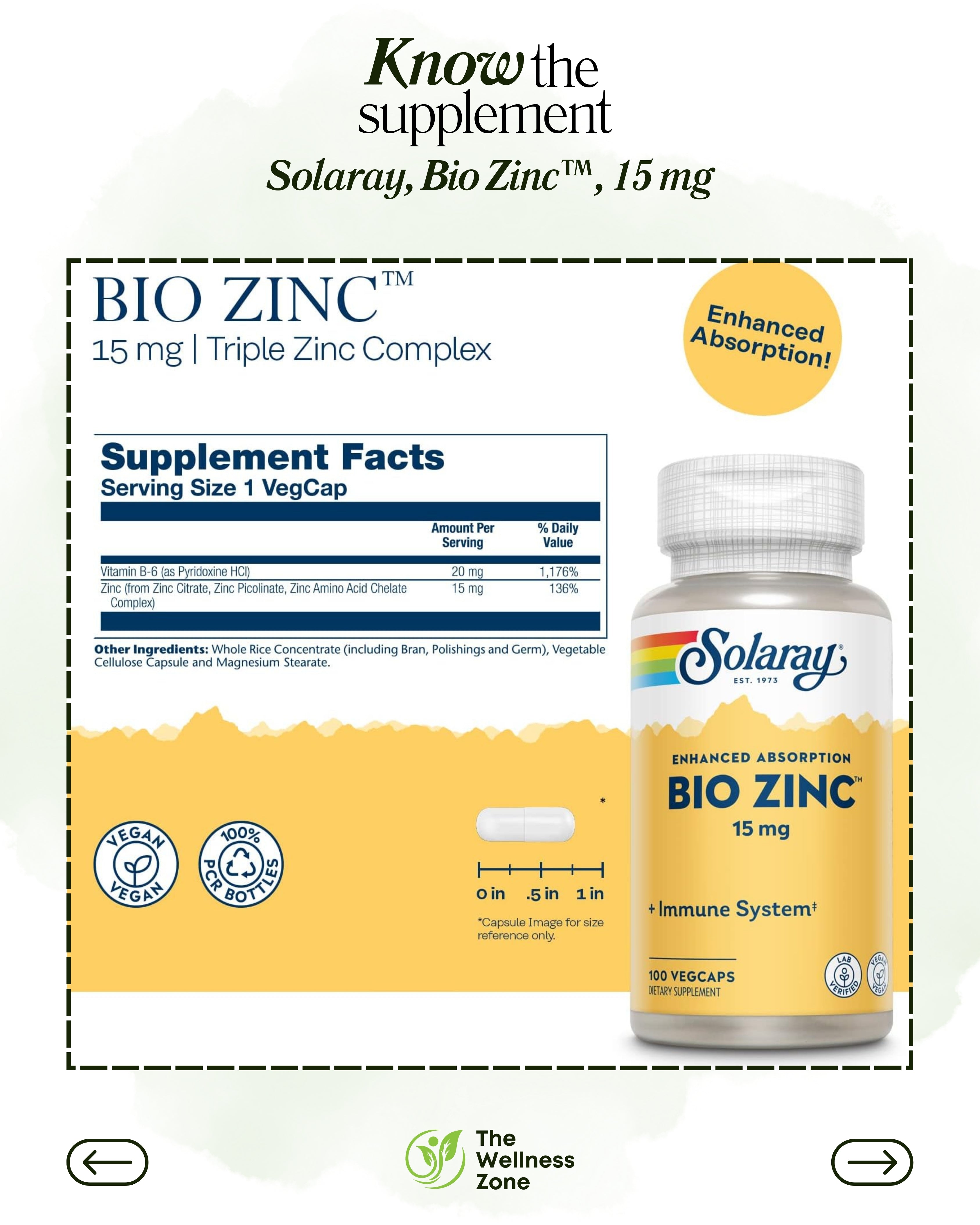 🌿 Solaray, Bio Zinc™, 15 mg, 100 VegCaps