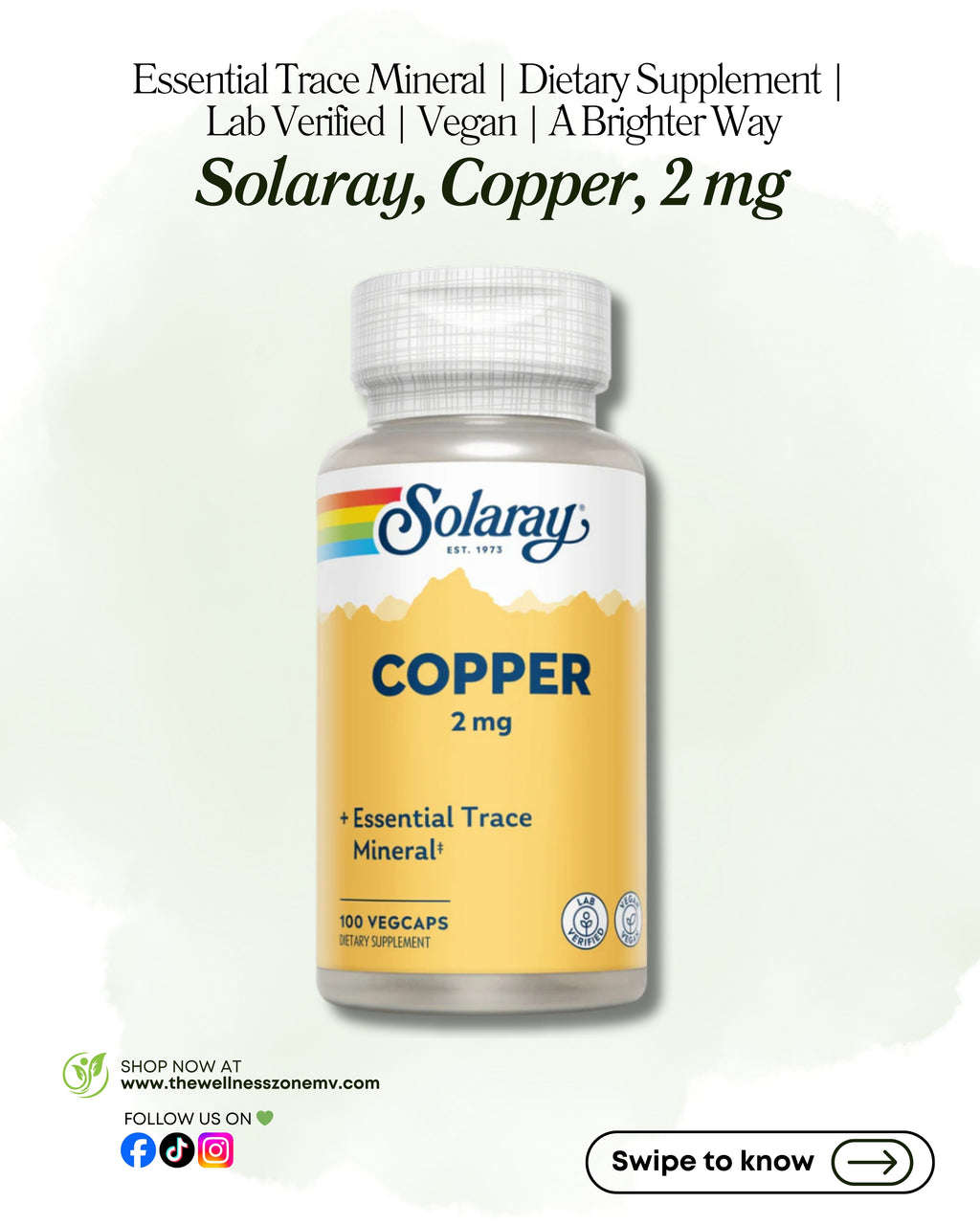 🌿 Solaray, Copper, 2 mg, 100 VegCaps