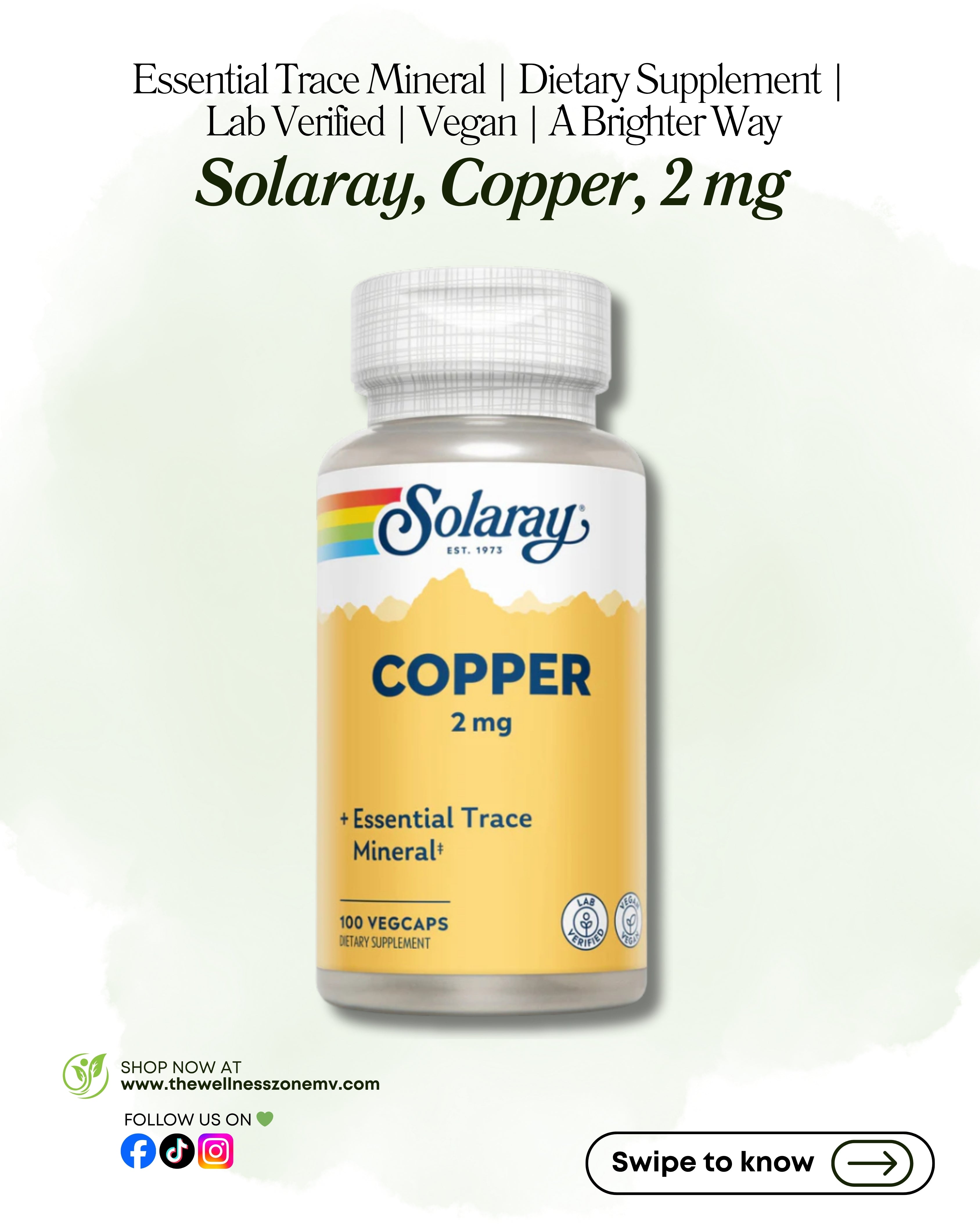 🌿 Solaray, Copper, 2 mg, 100 VegCaps