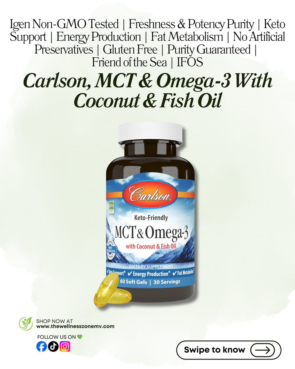🌿 Carlson, MCT & Omega-3 With Coconut & Fish Oil, 60 Soft Gels