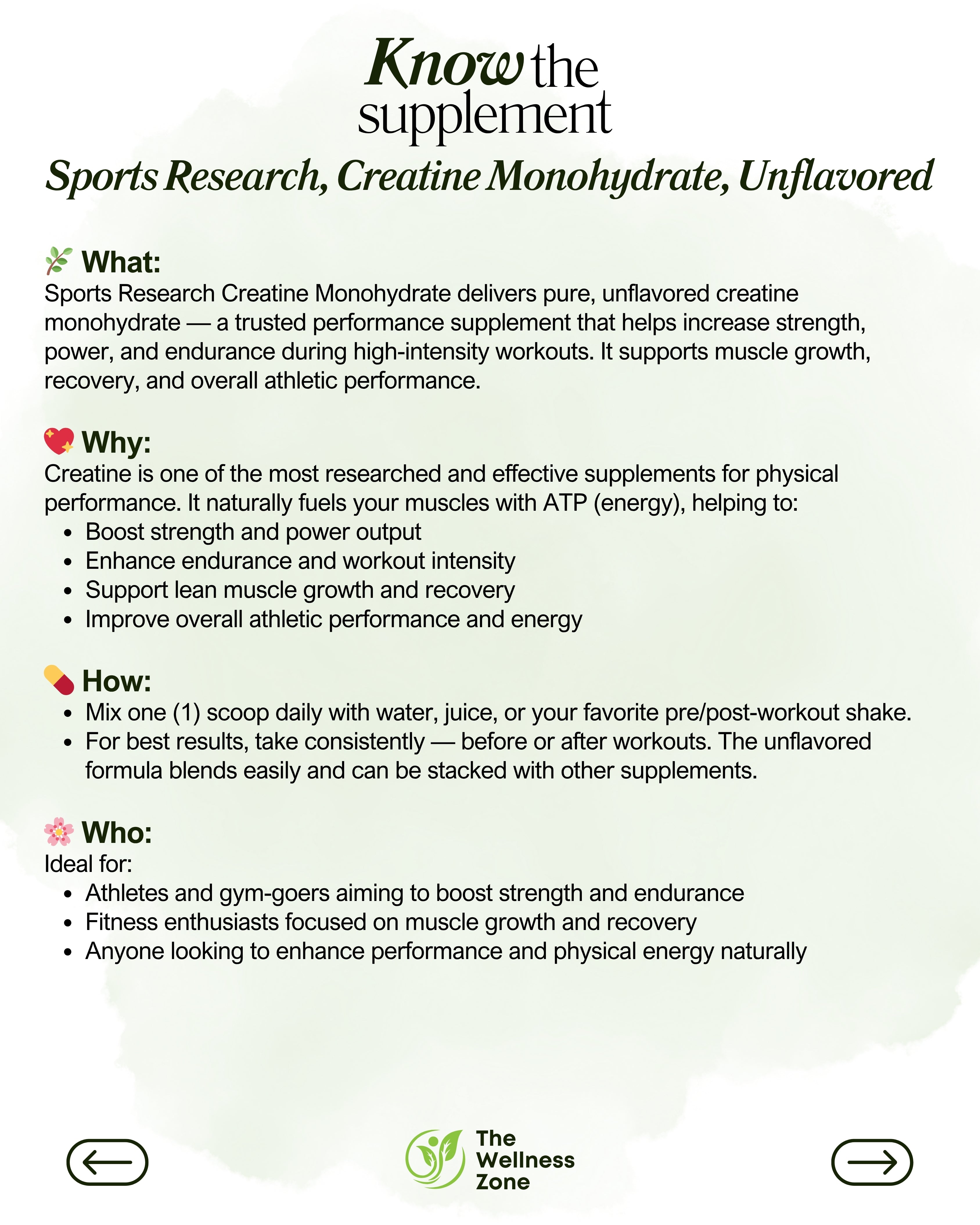 🌿 Sports Research, Creatine Monohydrate, Unflavored, 10.58 oz (300 g) 60 Servings