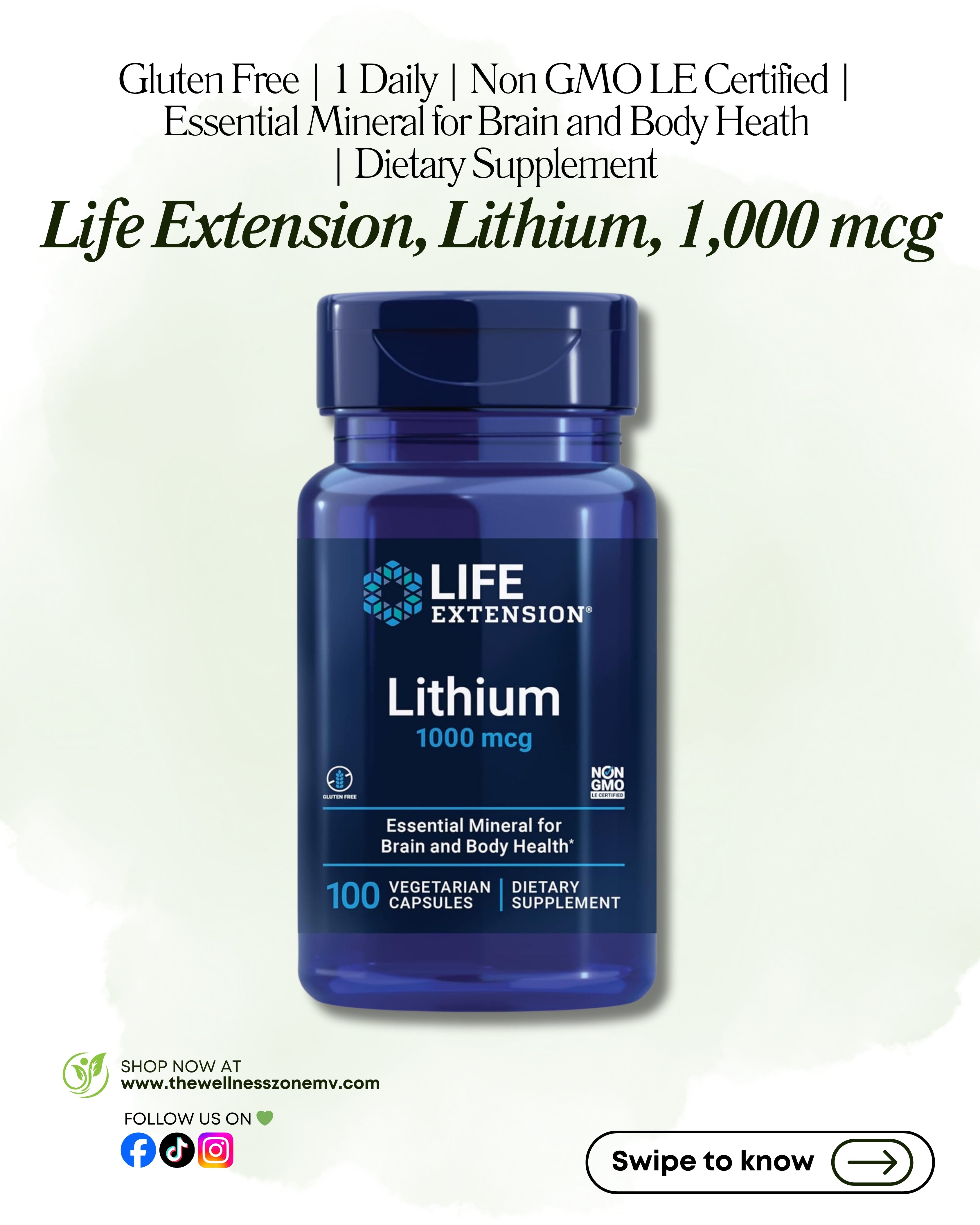 🌿 Life Extension, Lithium, 1,000 mcg, 100 Vegetarian Capsules